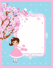 A cute girl in a pink dress holds a gift under a blossoming cherry tree, with a decorative frame for text on a blue and pink background.