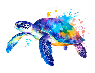 Colorful watercolor swimming turtle