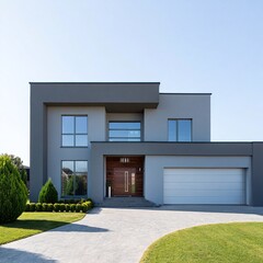 Modern gray two story house with attached garage and landscaped yard