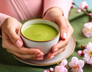 優雅な指先：梅の花ネイルと抹茶が織りなす和の美