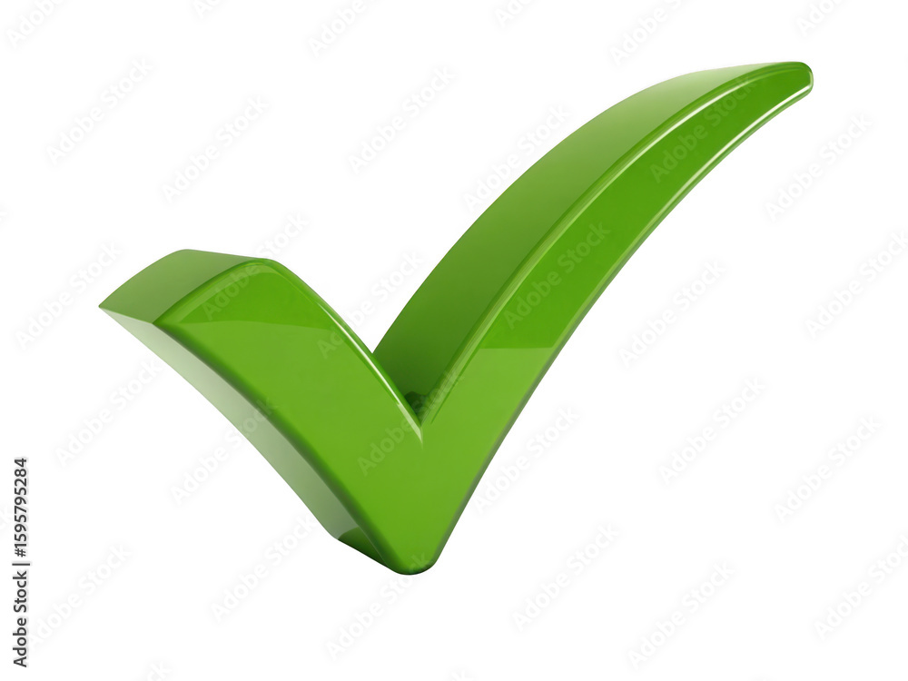 Poster shiny green check mark symbol isolated on transparent background for approval and success