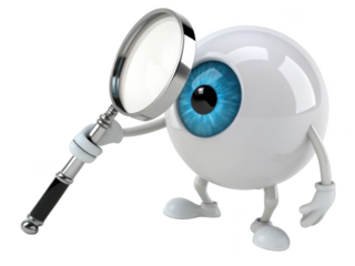 Cartoon eyeball character with a magnifying glass examining something closely isolated on transparent background