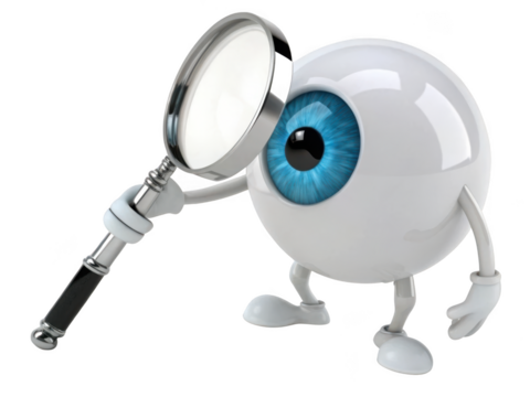 Cartoon eyeball character with a magnifying glass examining something closely isolated on transparent background