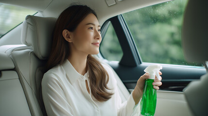 A photograph of an Asian woman sitting in the back seat
