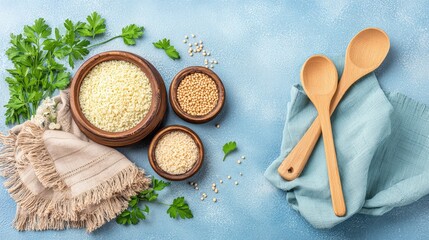 Freshly ground and whole mustard seeds in wooden bowls arranged on a textured blue background with green parsley, a beige cloth, and two wooden spoons for cooking or seasoning