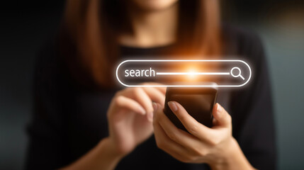 searching on a mobile phone with a search bar and web icon over a blurred background 