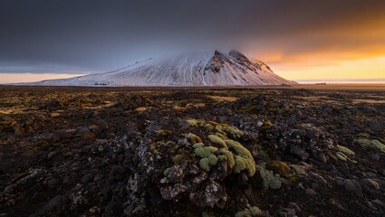 Fototapeta premium Dramatic icelandic landscape with snowcapped mountain and lava field