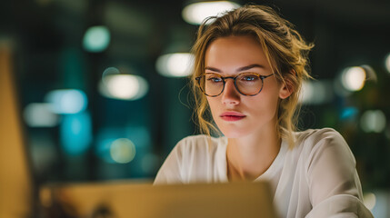 Original name(s): A female business professional is working on a laptop at an office desk