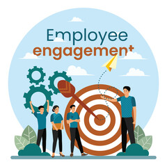 Employee engagement concept. Big target, manager and employees engaged in company goals.