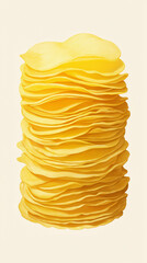 A stack of prints, divided into three rows, features an image of yellow potato chips against a white background. 