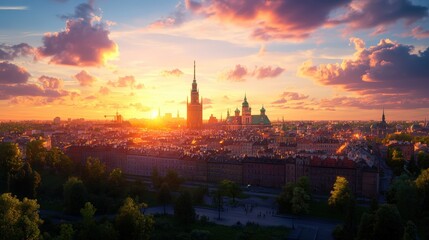 Scenic panoramic view of a vibrant cityscape du sunset with historic buildings and a colorful sky