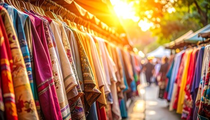 Vibrant market clothing display with sunlight on hanging garments, and outdoor shopping.