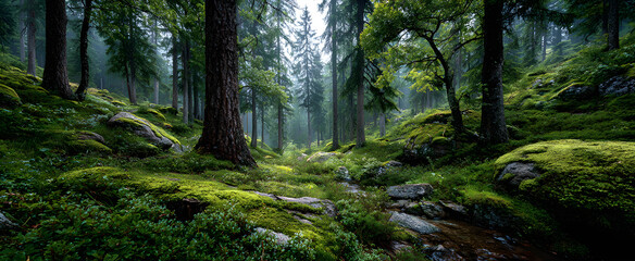 Obraz premium The lush green forest filled with tall pine trees and vibrant foliage.