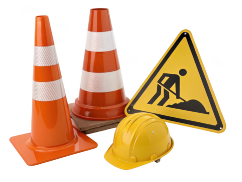 Collection of orange traffic cones safety helmet and road work sign isolated on transparent background