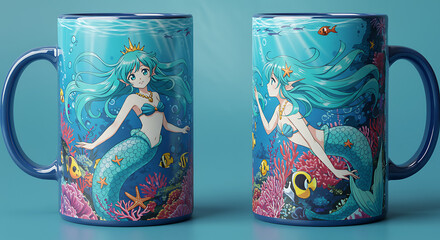 Beautiful Mermaid Princess Anime Mug in a Coral Reef Scene