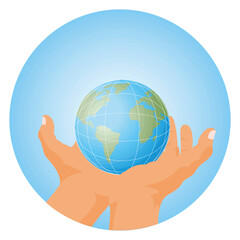 Artificial intelligence around the world, both human hands holding a globe.