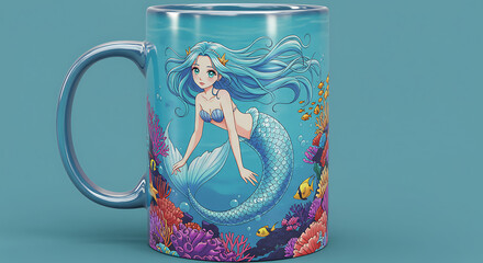 Beautiful Mermaid Princess Anime Mug in a Coral Reef Scene