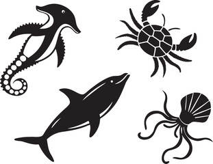 Fototapeta premium Sea Creatures Silhouette Bundle Ocean Animal Vector Pack
