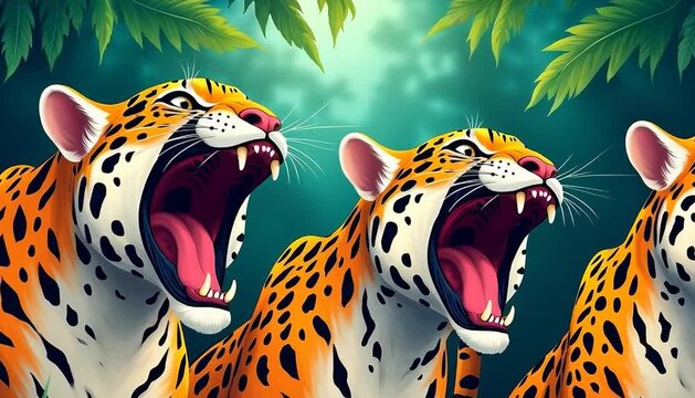 Several jaguars with spotted fur roar fiercely in a lush green jungle, displaying their wide open mouths and sharp teeth.