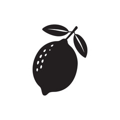 Black lemon fruit silhouette with stem and leaves on white background representing citrus and freshness