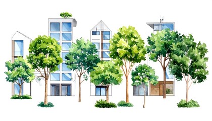 Watercolor of modern buildings surrounded by lush green trees with isolated on white.