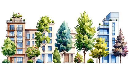 Watercolor urban cityscape illustration with buildings with trees, nature, and and isolated white background.