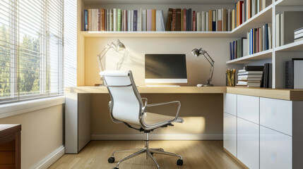 A well-organized home office with a minimalist desk, laptop, comfortable chair, and ample storage for a clutter-free workspace. —ar 16:9 