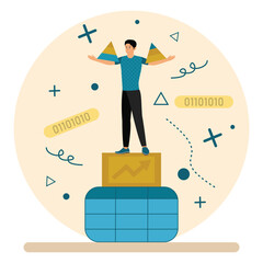 Person Standing on Graph Blocks Celebrating Success in Data Visualization.