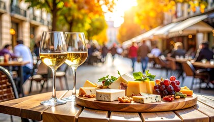 Wine  Cheese on a Sunny Terrace with Parisian Cafe, and Autumn Afternoon.