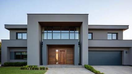 Modern gray two story house with large wooden front door and garage