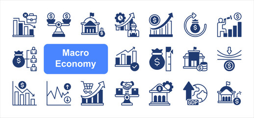 Macro Economy editable stroke icon set, with Unemployment, Inflation, GDP, Interest, Trade, Monetary, Spending.
