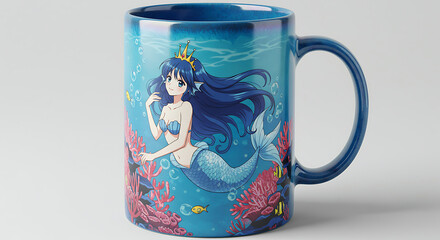Beautiful Mermaid Princess Anime Mug in a Coral Reef Scene