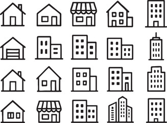 Black and white line art icons of various buildings