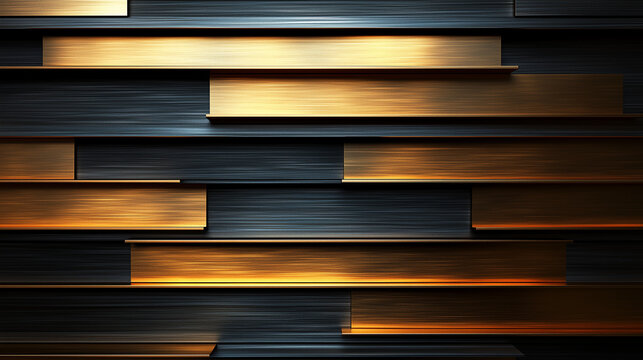 A modern, abstract wall texture of layered dark and gold wood panels. perfect for luxurious interior design or sophisticated background concepts
