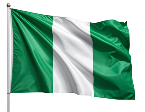 Waving Nigerian Flag with Soft Shadows, Angled Breeze Motion, Isolated PNG.j
