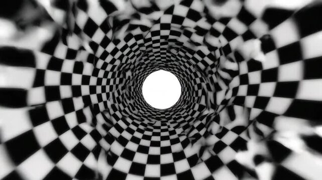Monochrome Vortex Tunnel Animation with Swirling Checker Pattern