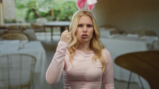 Woman with bunny ears showing a fist in a playful angry gesture at a restaurant with tables in the background.