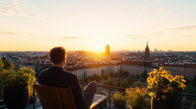 Peaceful man sitting on balcony chair overlooking city skyline du sunset with trees and buildings in view