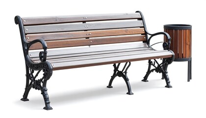 Wooden Park Bench and Trash Can Isolated on White Cozy Urban Scene.
