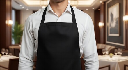 A beautiful and professional mockup of a barista wearing a blank, brown, canvas apron over a black t-shirt in a cozy coffee shop.