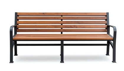Wooden park bench with black metal frame isolated on white background.