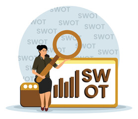 SWOT Analysis Representation woman with Magnifying Glass and Business Chart.