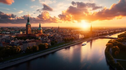 Fototapeta premium Panoramic view of a city skyline du sunset with historic buildings and river landscape