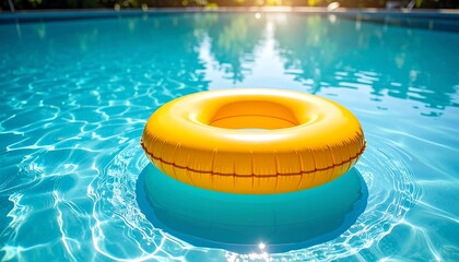 Yellow inflatable ring floating in a clear with inviting swimming pool under sunlight.