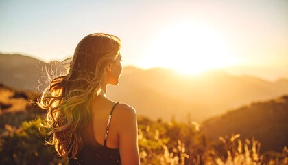 Young woman enjoying the sunset over mountain landscape with freedom and peace.