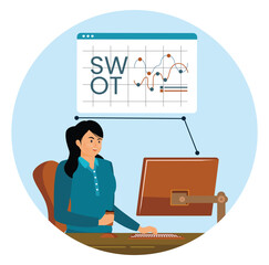 SWOT Data analysis concept. Businesswoman Analyzing SWOT Data in Office Using Computer and Graphs.