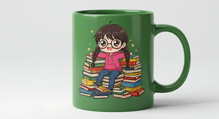 Obraz premium Cozy Book Lover's Coffee Cup with a Chibi Character Hugging Books