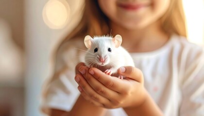 Adorable Child Holding a White Pet Rat with Happy  Smiling Indoors.
