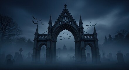 Fototapeta premium Gothic Cemetery Gate Under a Misty Night Sky with Bats