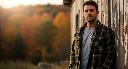 A cinematic and rustic photorealistic mockup of a man wearing a blank, red and black, plaid flannel shirt in an autumn forest.